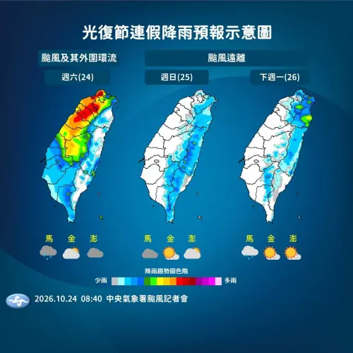 ▲雖然雨勢會從白天開始持續趨緩，不過北部地區山區仍要嚴防豪雨；台中以北、南投、台南及雲林以南山區防局部大雨；周日起天氣開始好轉。（圖/中央氣象署cwa.gov.tw）