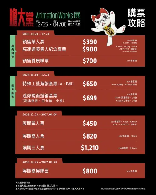 ▲《膽大黨 Animation Works展》預售票10月29日中午12點開賣，單人票390元起，另有700元《排球少年!!》雙展聯票。（圖／翻攝自《膽大黨 Animation Works展》）