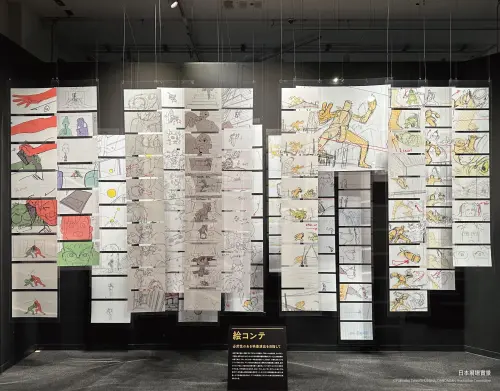 ▲《膽大黨 Animation Works展》公開動畫製作資料，展示大量原畫、分鏡及幕後製作內容。（圖／翻攝自udn售票網，為日本展場實景）