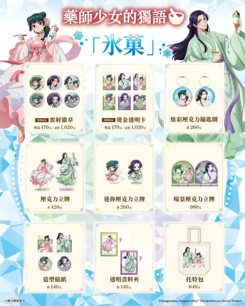 ▲《藥師少女的獨語》快閃店周邊商品公開，包含壓克力立牌、透明卡、鑰匙圈、托特包及貼紙等，價格140元起。（圖／翻攝自 Anique Taiwan）