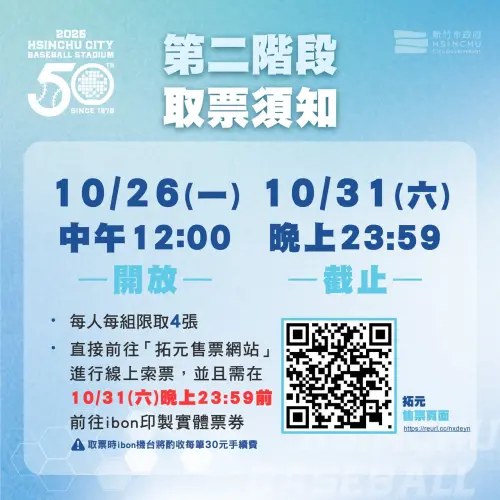 ▲新竹市立棒球場交流賽第二階段於10/26中午開跑，全台球迷可上拓元索票，每人限取4張。（圖／新竹市政府提供）