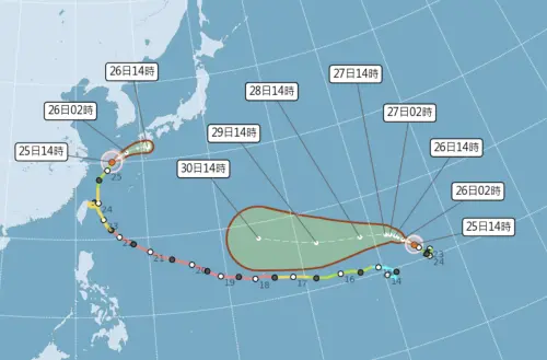 ▲中央氣象署公布最新颱風路徑，薔琵朝日本九州前進，即將變性為溫帶氣旋；煙花有增強為中颱趨勢，短期不影響台灣。（圖／中央氣象署cwa.gov.tw）