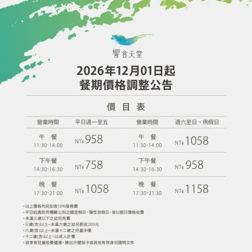 ▲根據饗食天堂官網最新公告，12月1日起，除了平日下午茶維持758元不變之外，其餘的用餐時段皆調漲30元，漲幅介於2.7%至3.2%。（圖/饗食天堂官網）