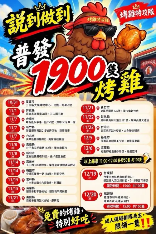 ▲烤雞特攻隊今（27）日公布1900隻烤雞的發放時程，活動將分批於各縣市舉行。（圖／烤雞特攻隊）