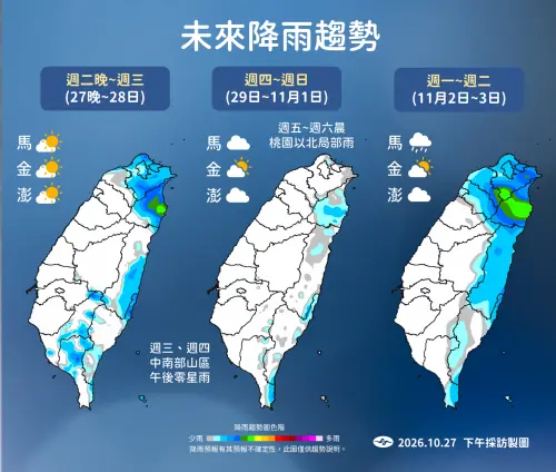 ▲東北季風增強時，北台灣降雨區域擴大，東北部也要注意局部大雨發生。（圖／中央氣象署cwa.gov.tw）
