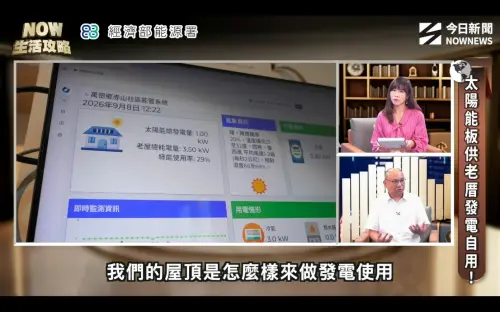 ▲老厝屋頂光電採自發自用，搭配能源監測系統掌握發電與用電情形，發現異常可聯繫技術人員協助處理。（圖／翻攝NOW生活攻略節目）