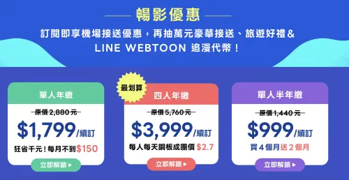 ▲LINE TV雙11祭出三大訂閱優惠，單人年繳1799元、半年繳999元，四人共享年繳3999元，平均每人每月約83元。（圖／翻攝LINE TV官網）