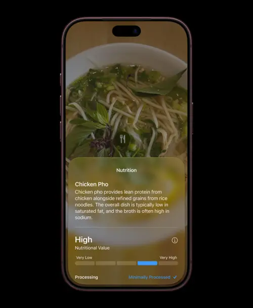 ▲Siri AI「視覺智慧」功能，讓用戶可以輕鬆查看面前美食的營養資訊，快速把卡片加入 Apple「錢包」等，相當實用。（圖／蘋果官網）