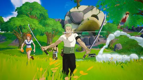▲《航海王》聯名《Fortnite 要塞英雄》，索隆手持三把刀帥氣登場，娜美、騙人布與魯夫也出現在遊戲宣傳畫面中。（圖／翻攝自《Fortnite》）