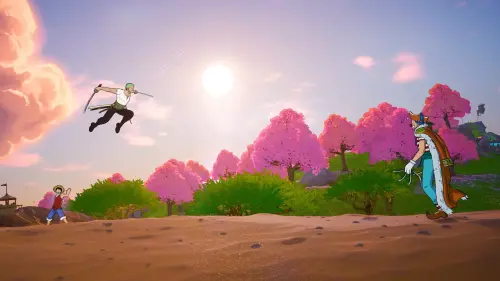 ▲《航海王》人氣角色索隆在《Fortnite 要塞英雄》中拔刀迎戰「小丑巴其」，一旁的魯夫也驚喜現身，重現海賊冒險的熱血場面。（圖／翻攝自《Fortnite》）