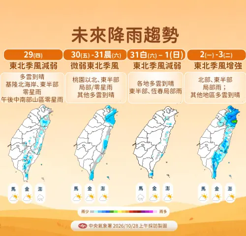 ▲受東北季風增強影響，北台灣降雨區域擴大，東北部也要注意局部大雨發生。（圖／中央氣象署cwa.gov.tw）