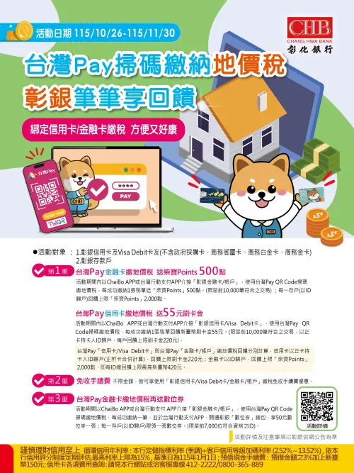 ▲彰化銀行推台灣Pay掃碼繳地價稅享免手續費，信用卡與金融卡雙軌最高賺420元。（圖／彰化銀行提供）
