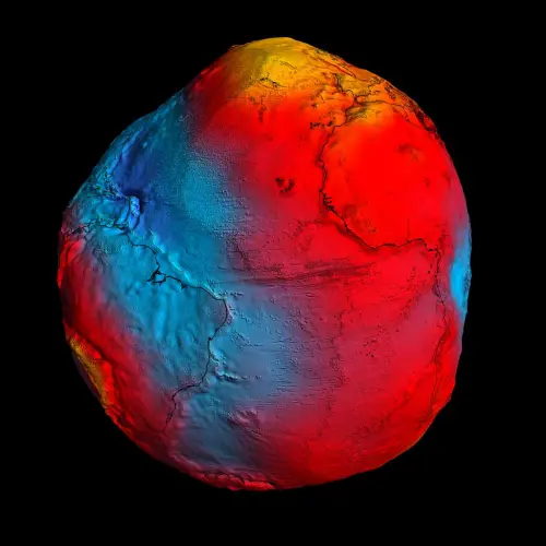▲歐洲太空總署（ESA）透過GOCE衛星資料製作地球大地水準面模型，以不同顏色呈現高度差異，顯示地球重力場並非均勻分布。（圖／翻攝自ESA官網）