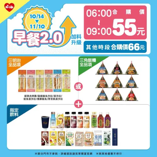 ▲兩款三明治都可搭配「早餐2.0」優惠，早上6點至9點早餐時段，多款飲料搭配2款爆餡三明治合購55元。（圖／取自萊爾富）