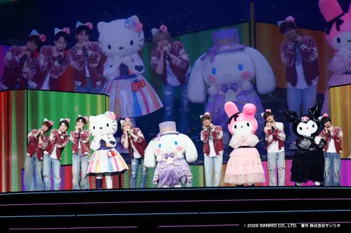 ▲三麗鷗「四大天王」Hello Kitty、美樂蒂、大耳狗及酷洛米都驚喜現身浪花男子千葉演唱會。（圖／STARTO ENTERTAINMENT、大鴻藝術BIG ART）