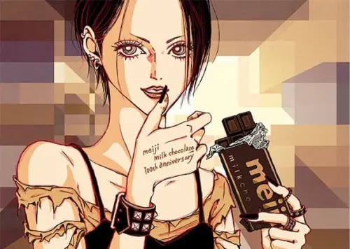 ▲《NANA》漫畫家矢澤愛特別繪製100週年紀念賀圖，角色大崎娜娜手拿明治牛奶巧克力。（圖／翻攝自明治官方網站meiji.co.jp）