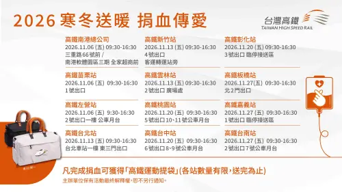 ▲2026台灣高鐵「寒冬送暖 捐血傳愛」活動舉辦日期及地點。（圖／高鐵提供）