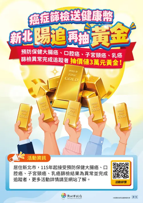 ▲新北市即日起推出「癌症篩檢異常個案完成追蹤」可抽黃金。（圖／新北衛生局提供）