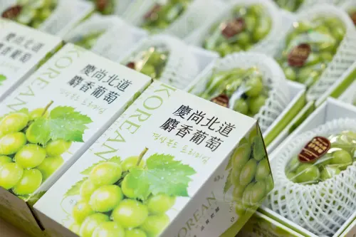 ▲韓國慶尚北道麝香葡萄，外盒有Product of Korea字樣，或產地韓文標示경상북도。（圖／K-FOOD Industry Bureau提供）