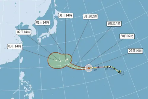 ▲煙花颱風今天清晨因為環境轉差，暫時減弱為中颱，未來不排除還會增強，但路徑距離台灣遙遠。（圖／中央氣象署cwa.gov.tw）