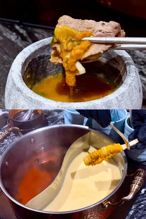 ▲以北海道雲丹豆乳鍋涮和牛，再沾「和牛佐雲丹月見祕醬」。（圖／記者蕭涵云攝）（圖／記者蕭涵云攝）