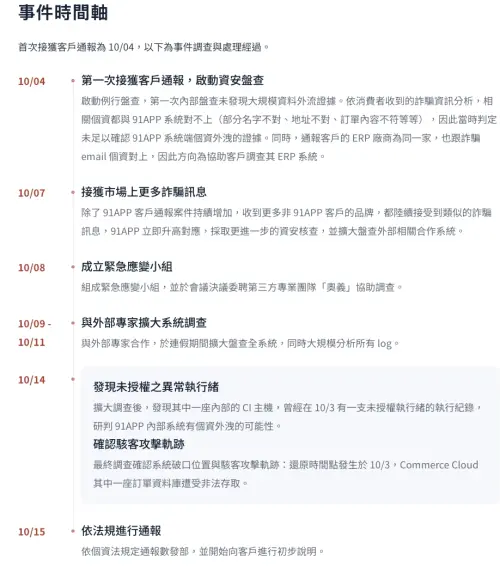 ▲91APP 公布完整事件時間軸，還原自 10 月 3 日遭駭至 10 月 14 日成功阻斷的調查歷程。（圖／翻攝自91APP官網）
