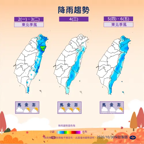 ▲下周受到2波東北季風影響，迎風面有雨勢。（圖／中央氣象署cwa.gov.tw）