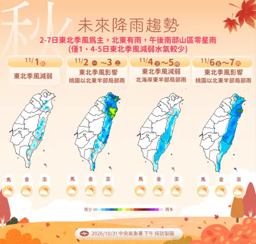 ▲未來一周會有2波東北季風，為北部、東北部帶來水氣。（圖／中央氣象署cwa.gov.tw）