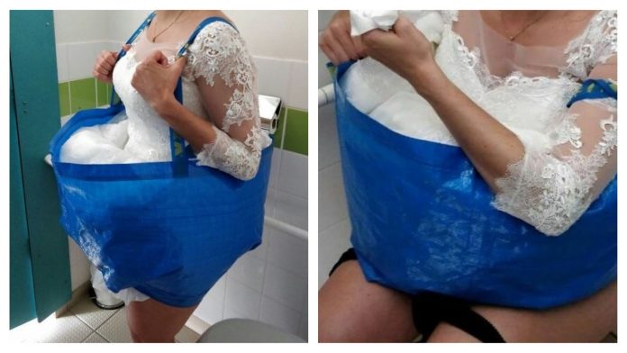 婚紗再長也不怕　超聰明新娘穿「IKEA購物袋」上廁所
