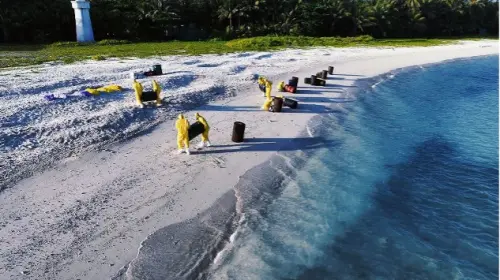 Taiwan is transforming Taiping Island into a humanitarian assistance and logistical support base in the South China Sea. The image shows a decontamination drill being conducted on the island. By CGA.