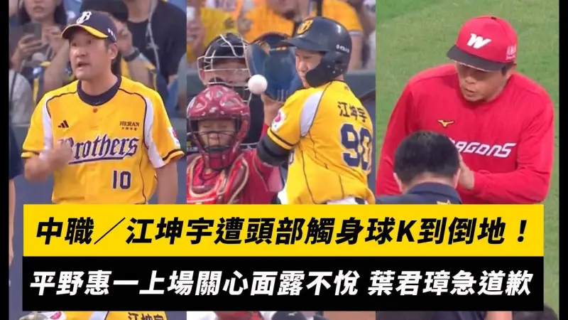 中職／江坤宇遭頭部觸身球K到倒地！平野惠一上場關心面露不悅 葉君璋急道歉