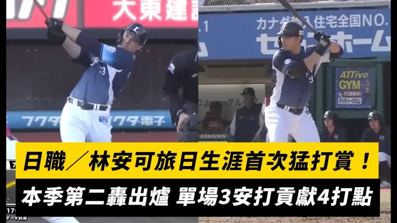 日職／林安可旅日生涯首次猛打賞！本季第二轟出爐 單場3安打貢獻4打點