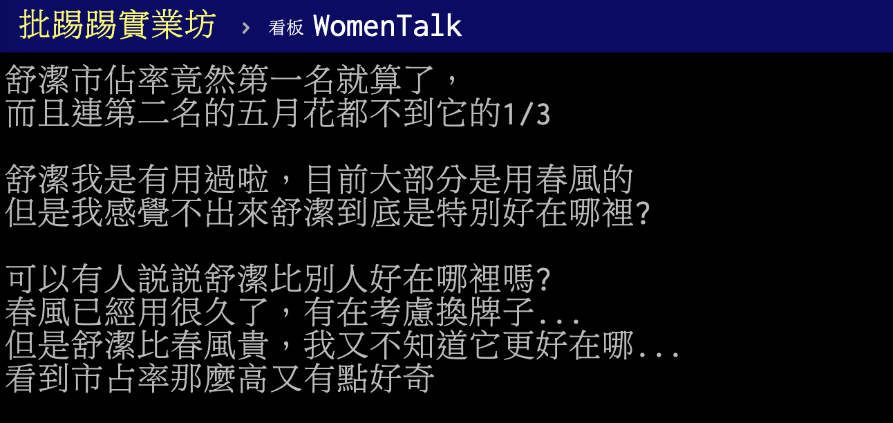 ▲有網友在 PTT 女孩版發文，翻出一張 2017 年的「抽取式衛生紙排行」，發現衛生紙大牌「舒潔」的市占率竟高達 25.26％ 。（圖／翻攝自 PTT ）