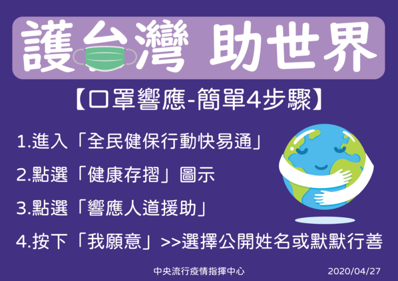 ▲疫情指揮中心宣布推出捐口罩活動。（圖／衛生福利部提供）